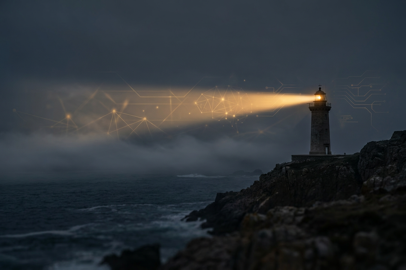 A lighthouse standing against a dark coast, its beam turned toward the sea